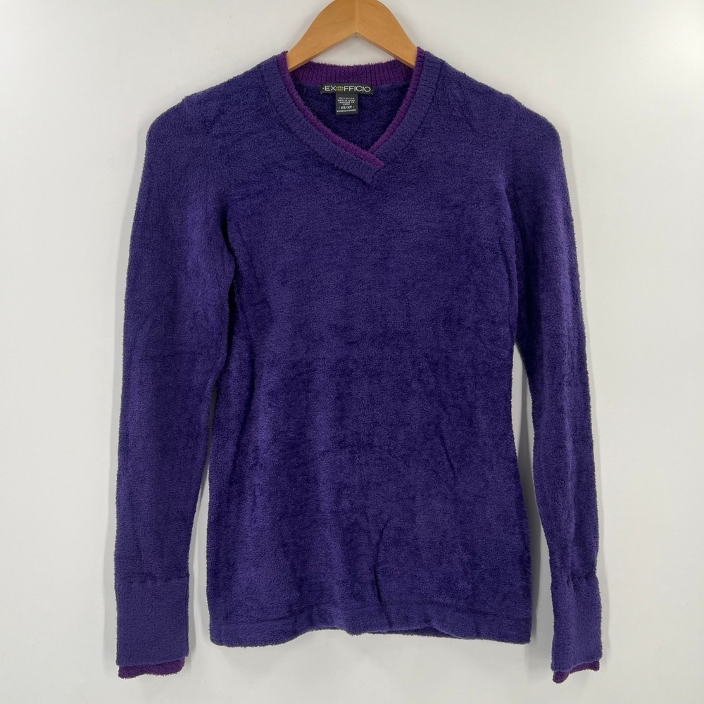 EXOFFICIO Women Purple Soft Fuzzy V Neck Long Sleeve Pullover Sweater XS